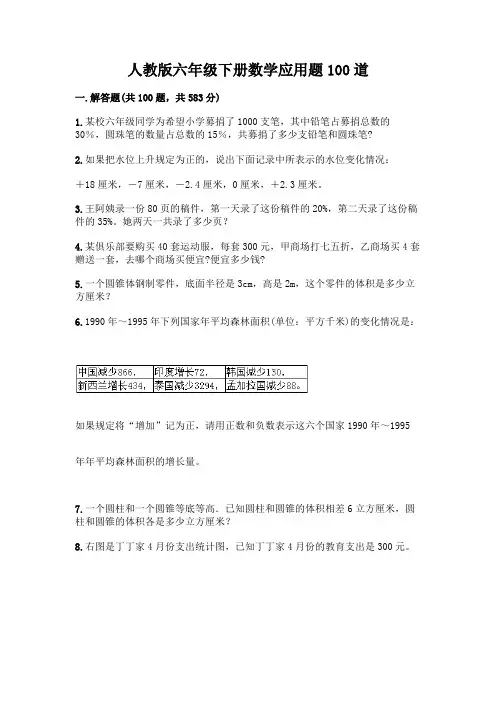 人教版六年级下册数学应用题100道附答案(考试直接用)