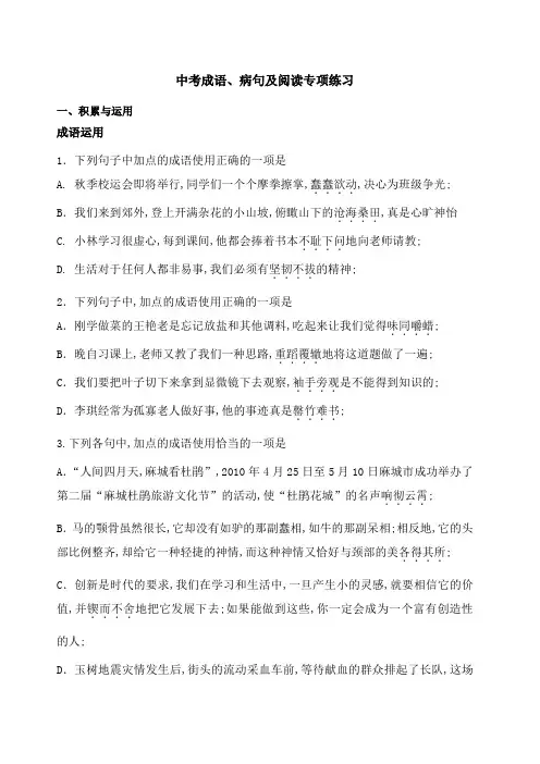 中考成语病句及阅读专项练习附答案