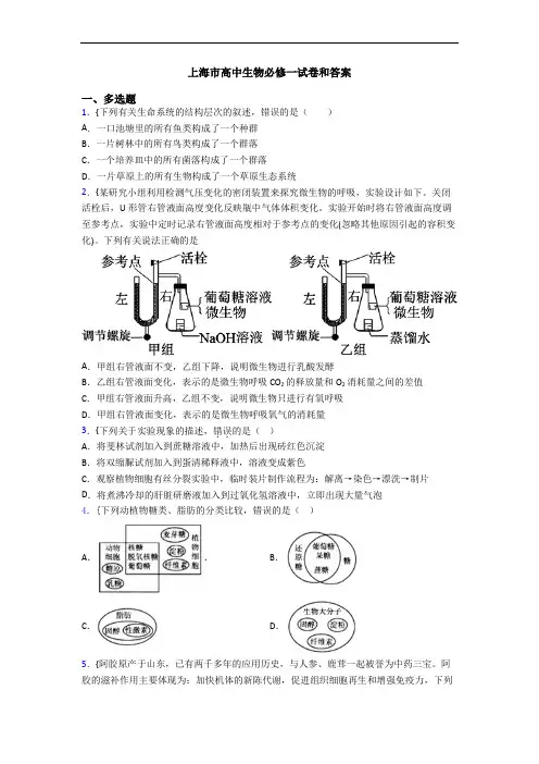 上海市高中生物必修一试卷和答案