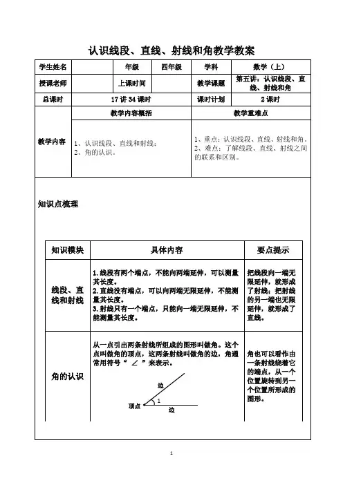 人教版数学四年级上册：认识线段、直线、射线和角教学教案