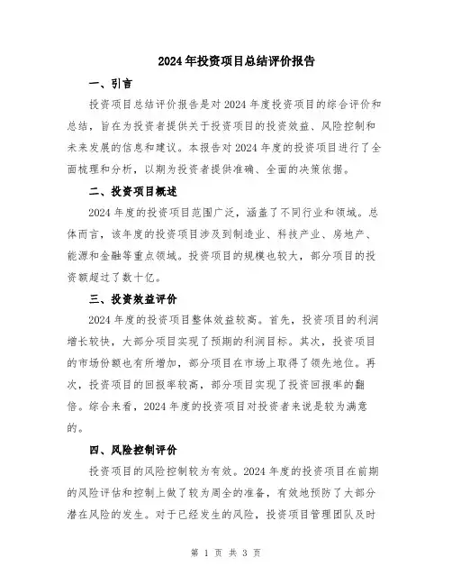 2024年投资项目总结评价报告