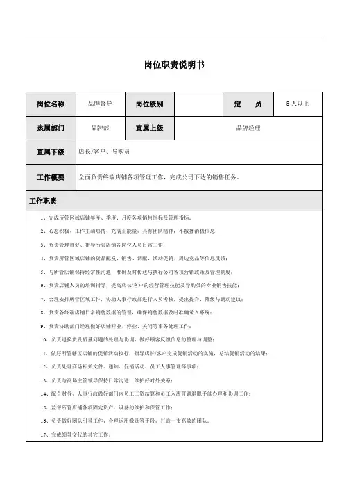 品牌督导岗位职责说明书