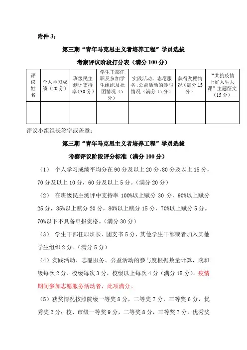 青马工程选拔 学生考察评议阶段打分表及评分标准