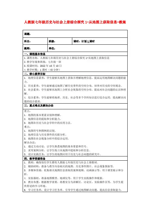 人教版七年级历史与社会上册综合探究1-从地图上获取信息-教案