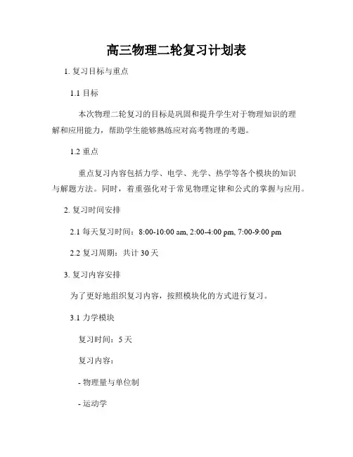 高三物理二轮复习计划表
