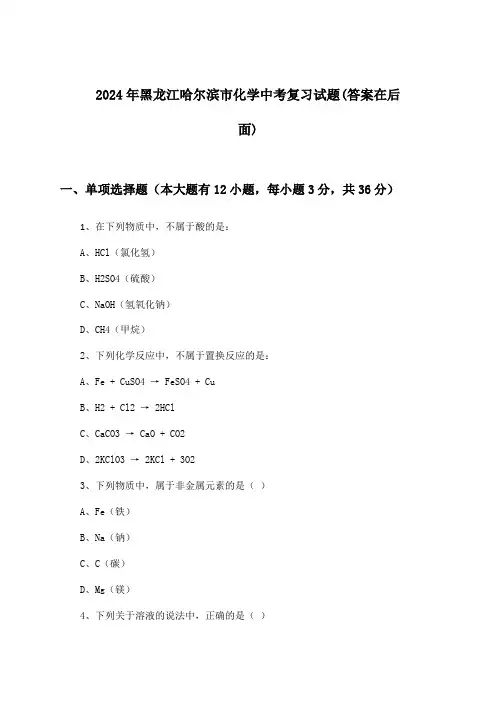 2024年黑龙江哈尔滨市中考化学试题与参考答案