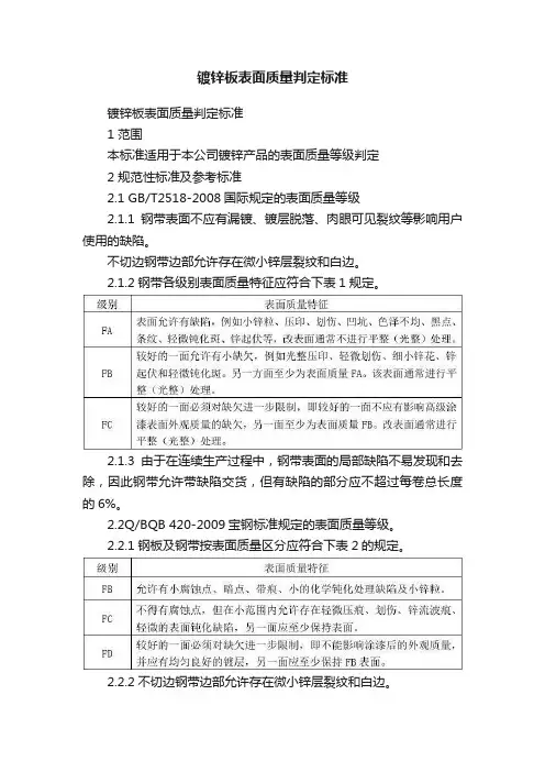 镀锌板表面质量判定标准