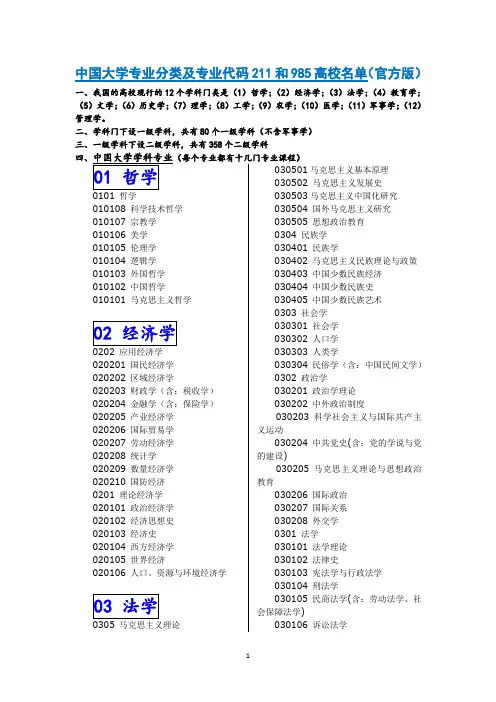 中国大学专业分类及专业代码及211、985高校名单(官方版)