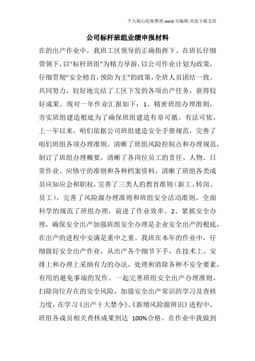 公司标杆班组业绩申报材料