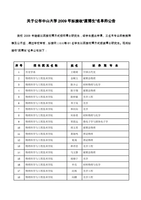 关于公布中山大学2009年拟接收直博生名单的公告