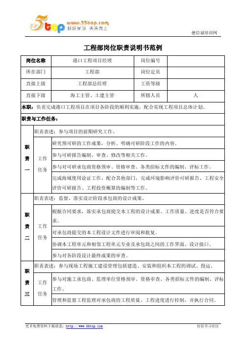 港口工程项目经理岗位职责说明书