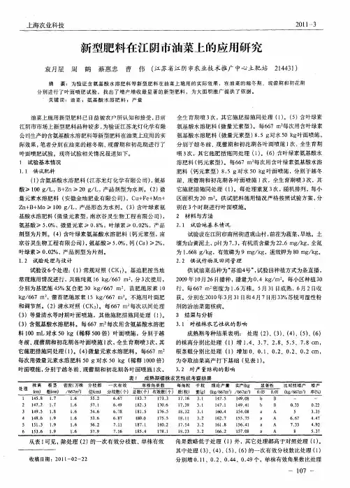 新型肥料在江阴市油菜上的应用研究