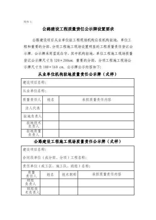 公路建设工程质量责任公示牌设置要求