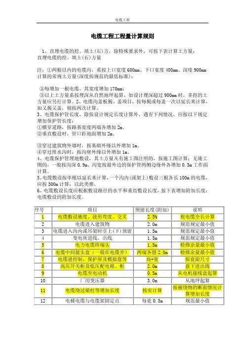 电缆工程工程量计算规则