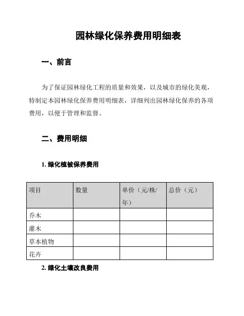 园林绿化保养费用明细表