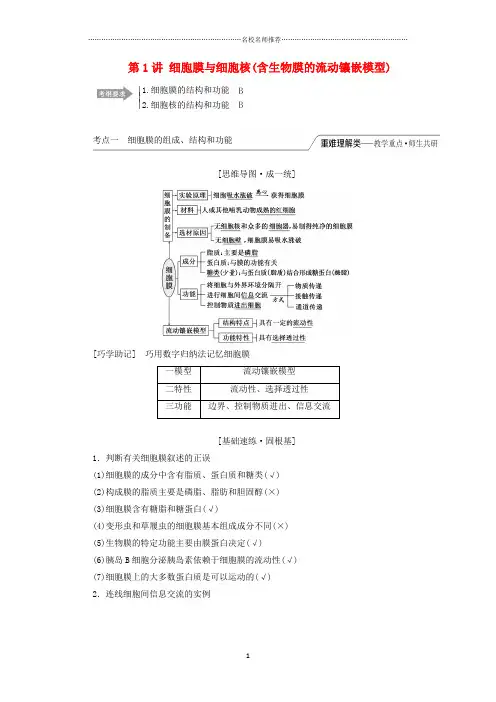 江苏专版高考生物一轮复习第二单元第1讲细胞膜与细胞核含生物膜的流动镶嵌模型名师精编讲义含解析必修