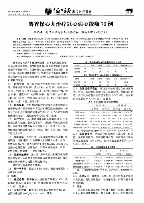 麝香保心丸治疗冠心病心绞痛70例