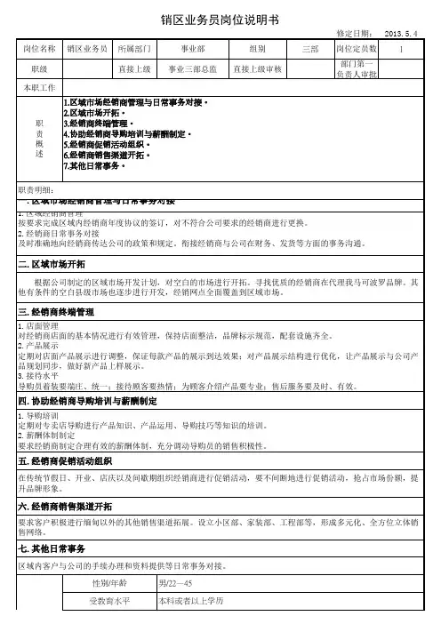陶瓷行业业务代表岗位说明书