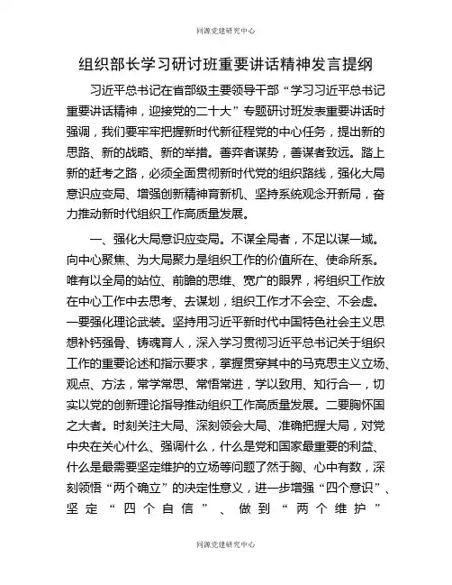 组织部长学习研讨班重要讲话精神发言提纲
