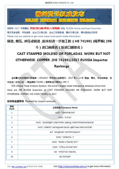 铸造、模压、冲压或锻造,但未经进一步加工…(HS 741991)2017 俄罗