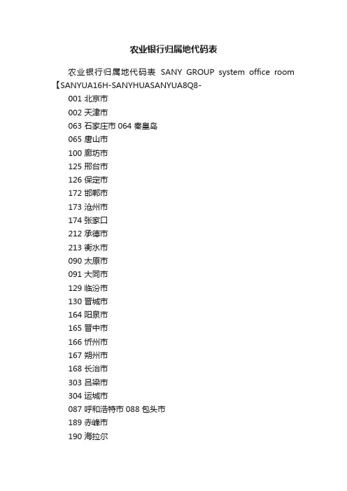 农业银行归属地代码表