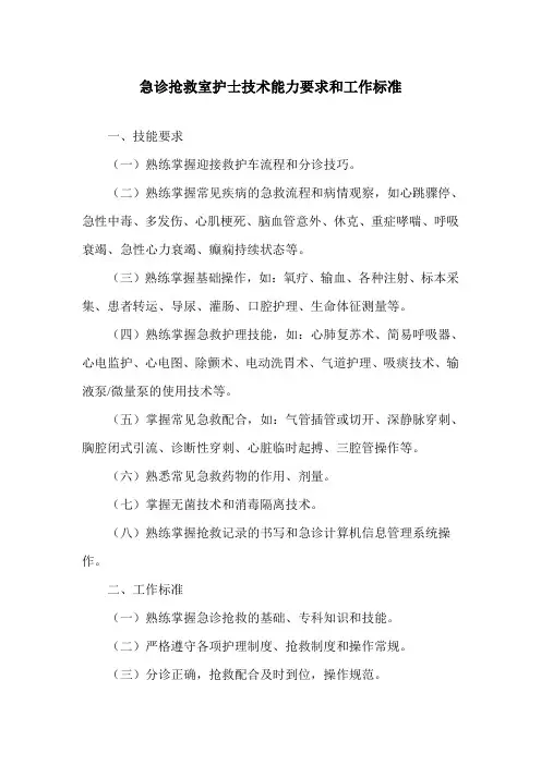急诊抢救室护士技术能力要求和工作标准