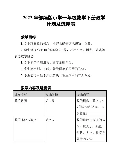 2023年部编版小学一年级数学下册教学计划及进度表