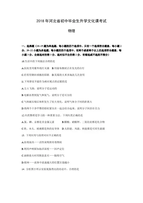 河北省2018年中考物理试卷及参考答案