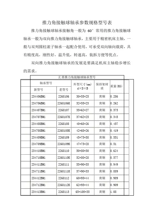 推力角接触球轴承参数规格型号表