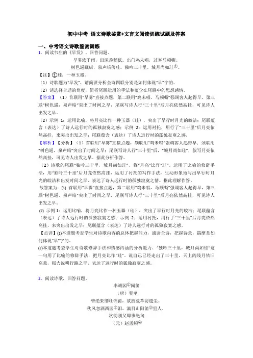 初中中考 语文诗歌鉴赏+文言文阅读训练试题及答案