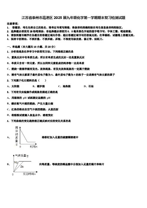 江苏省泰州市高港区2025届九年级化学第一学期期末复习检测试题含解析