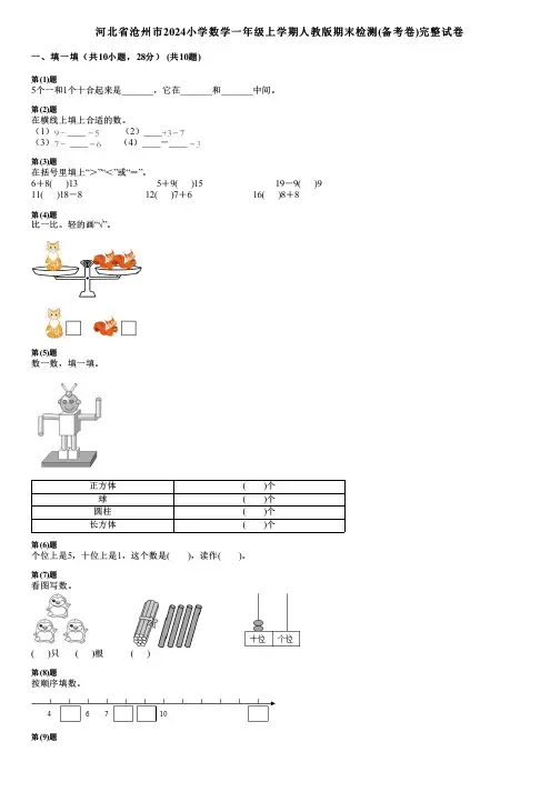 河北省沧州市2024小学数学一年级上学期人教版期末检测(备考卷)完整试卷