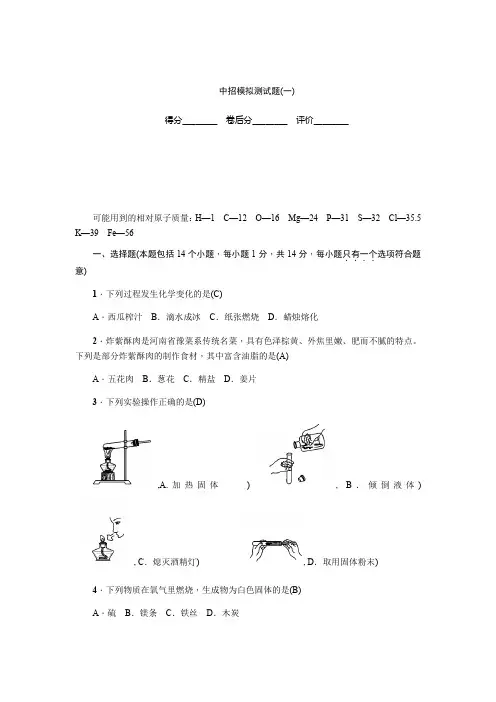 2019年河南省中招模拟化学测试题(一)含答案