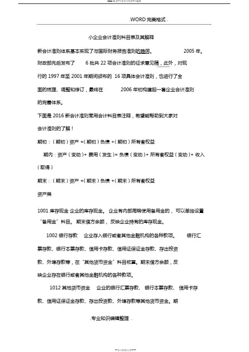 2018年小企业会计准则科目表和解释