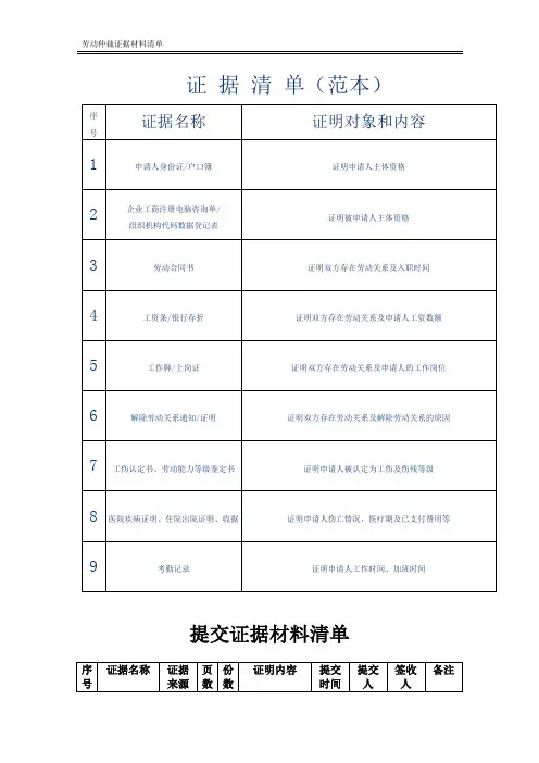 劳动仲裁证据材料清单