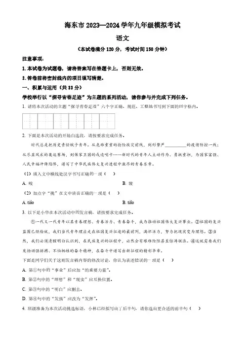 2024年青海省海东市中考一模语文试题(原卷版)