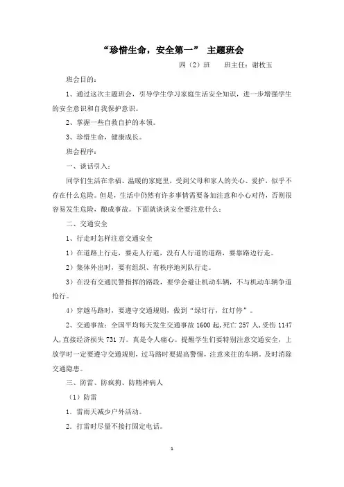 珍惜生命安全第一安全教育主题班会