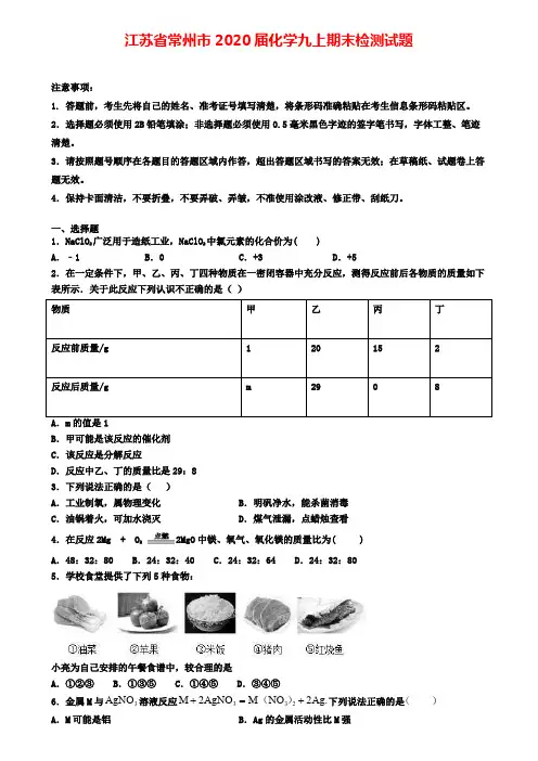 江苏省常州市2020届化学九上期末检测试题
