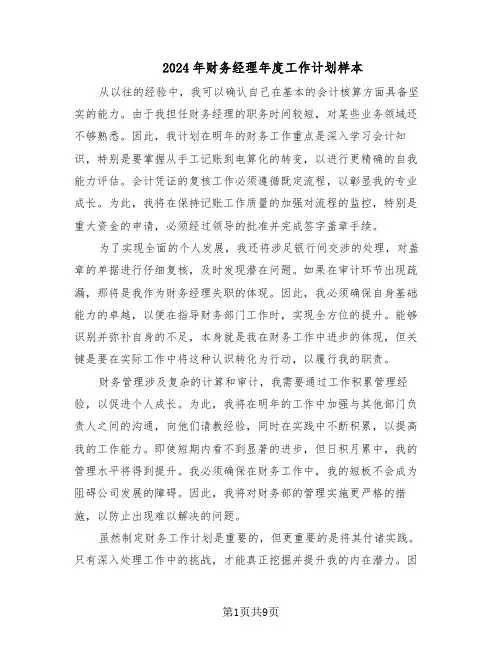 2024年财务经理年度工作计划样本（五篇）