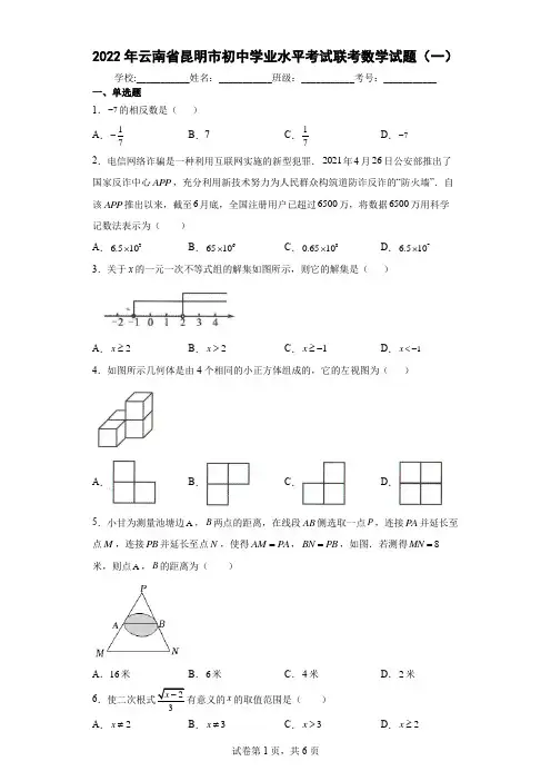 2022年云南省昆明市初中学业水平考试联考数学试题(一)(含答案解析)