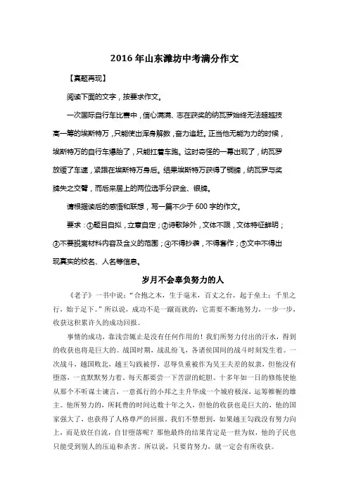 2016年山东潍坊中考满分作文《岁月不会辜负努力的人》