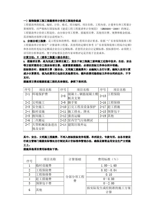 装饰装修工程工程量清单计价的工程造价组成
