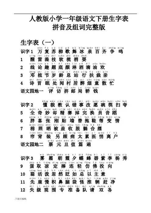 人教版小学一年级语文(下册)生字表拼音注音与组词完整版