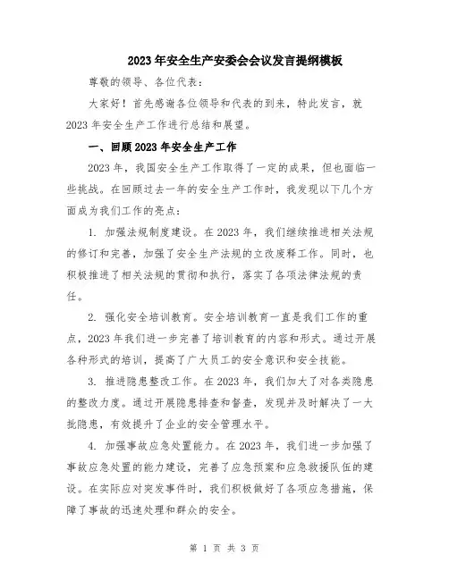 2023年安全生产安委会会议发言提纲模板