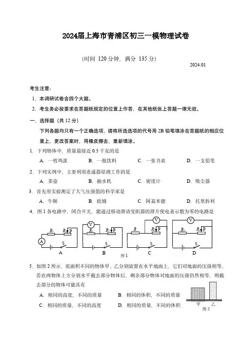 2024届上海市青浦区初三一模物理试卷(含答案)
