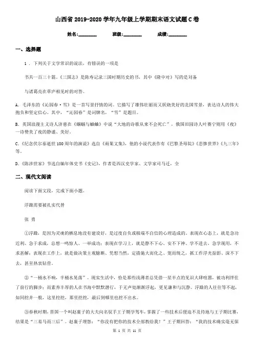 山西省2019-2020学年九年级上学期期末语文试题C卷