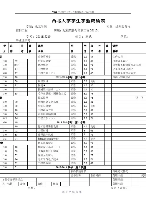 西北大学学生学业成绩表