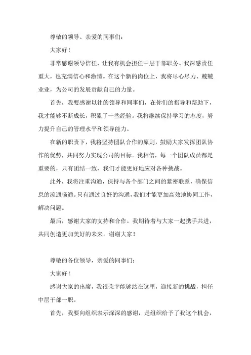 中层干部就职简单就职发言