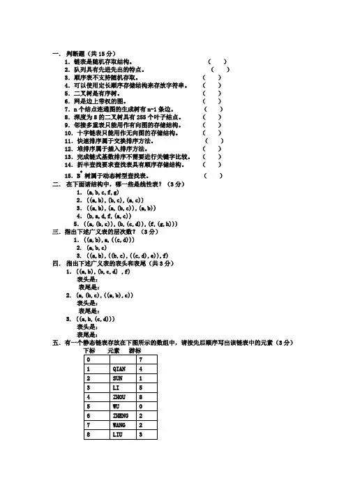 成都理工大学数据结构期末考试样题题(与小平老师很相近)