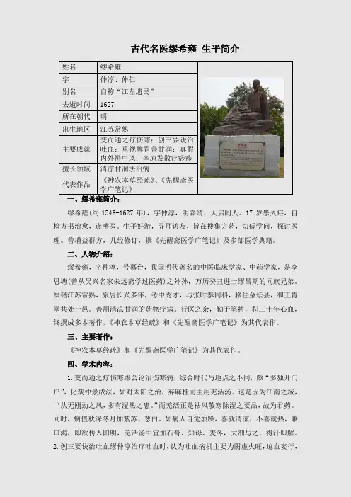 古代名医 缪希雍 生平简介